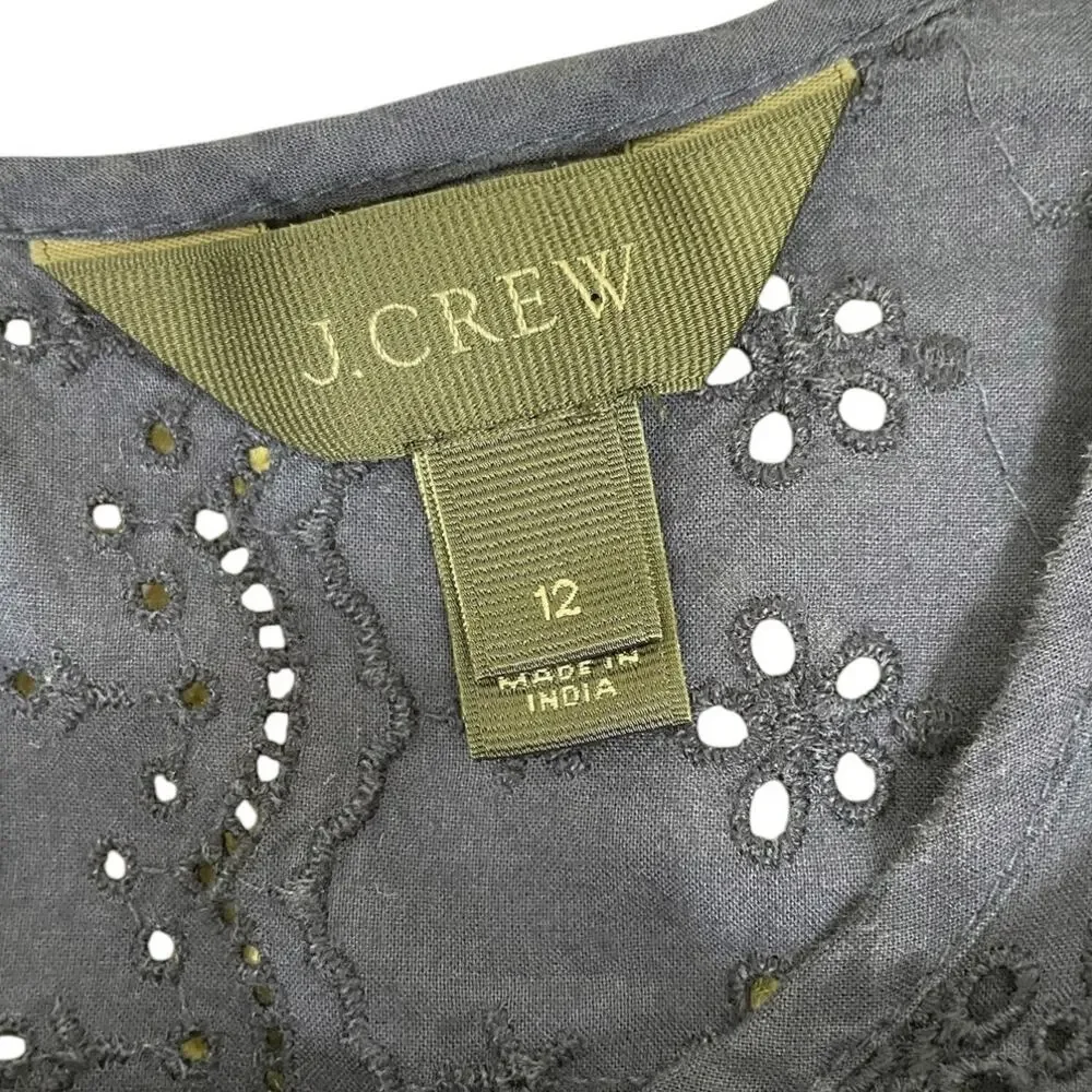 J. Crew Cotton Eyelet Lace Flutter Hem Dress Navy Blue Sz 12 Boho Chic Romantic